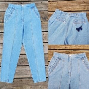 Vintage 90s y2k High Waisted Rise Pleated Front Butterfly Blue Denim Jeans 10‎